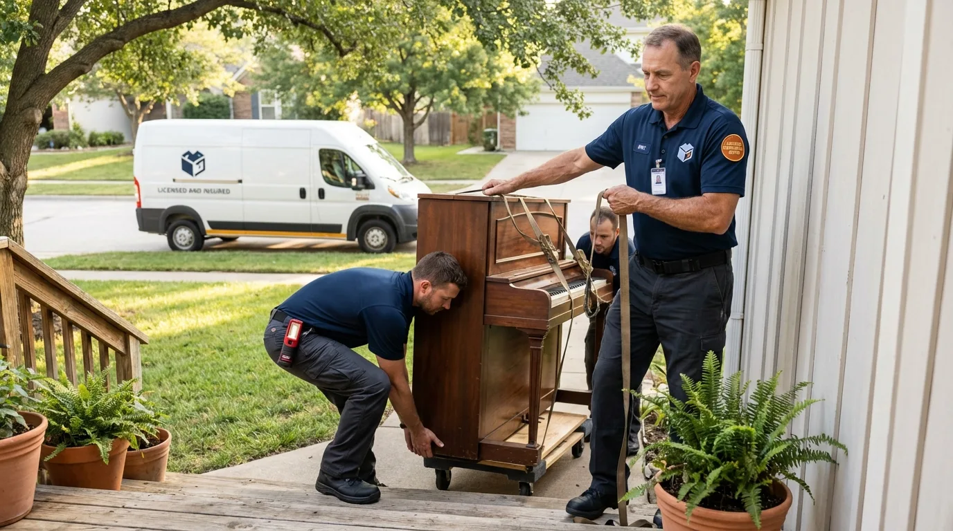 Licensed piano movers securing grand piano in Solvang, CA
