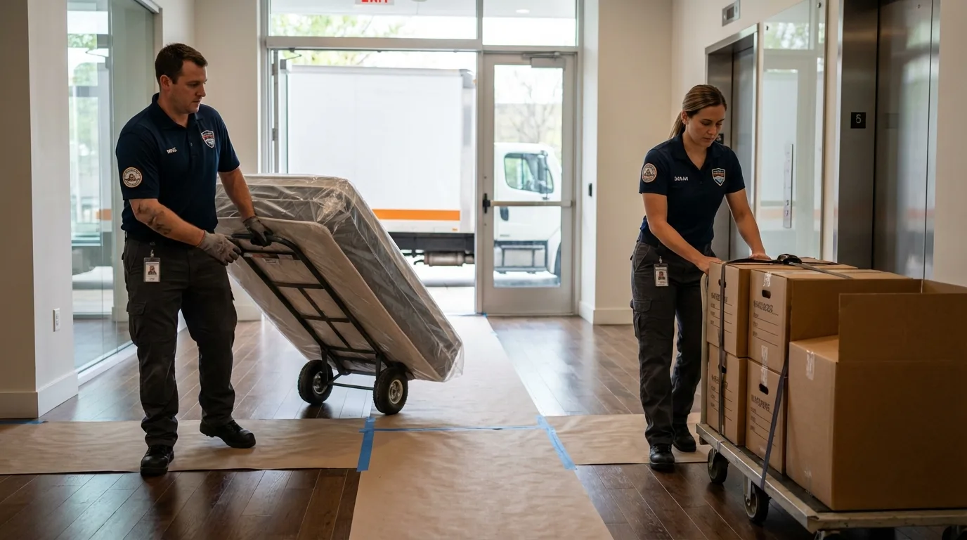 Professional apartment movers loading elevator in Solvang, CA